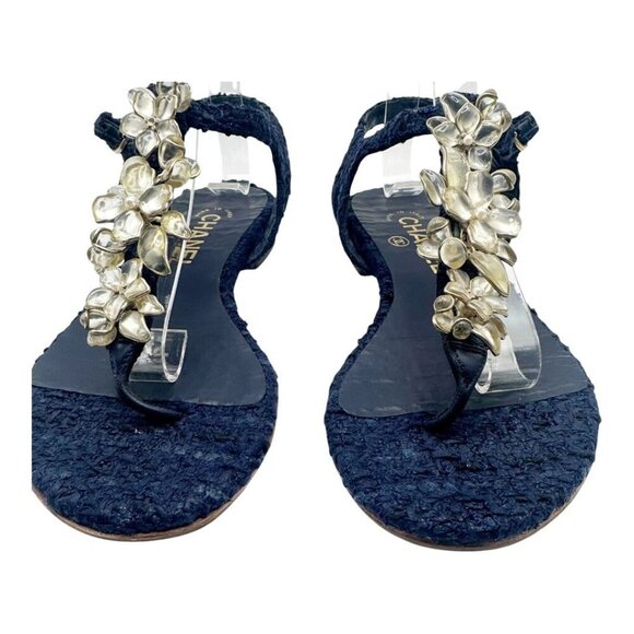 Chanel Sandals Women’s T-Strap Tweed Floral Camellia Navy Size 37 Karl Lagerfeld - Picture 2 of 7